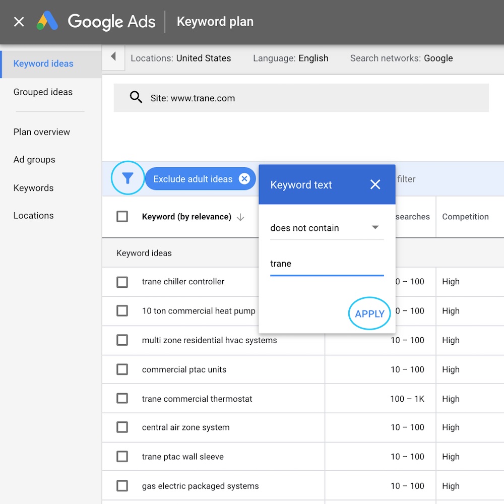 Filter keyword ideas search results - Google Keyword Planner